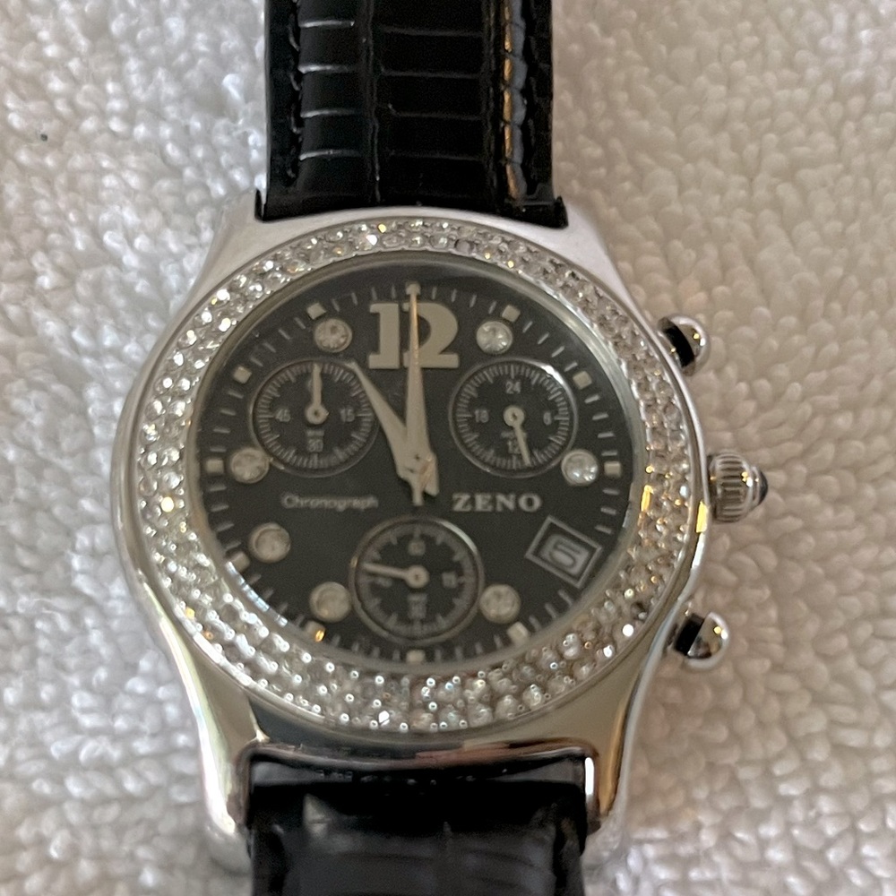 Vintage Zeno Woman’s Chronograph Watch Black Leather Strap & Silver/Diamond Face